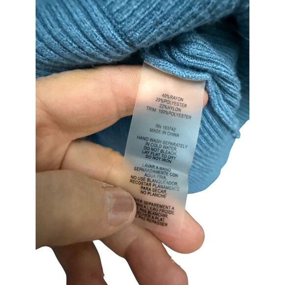 Sioni Cardigan Sweater Button Front Ribbed Sheer Floral Sleeves Blue Medium - Picture 9 of 12